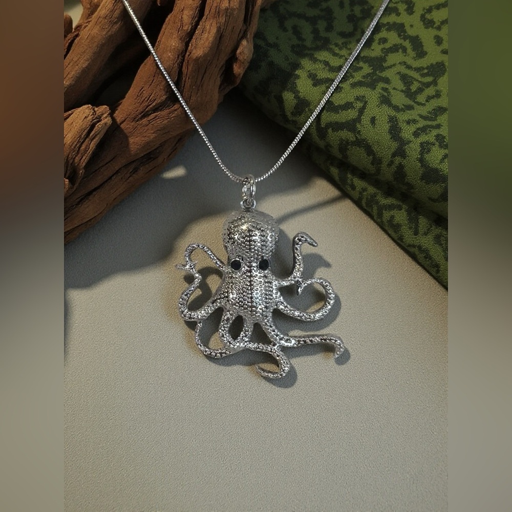 Shiny Silver Toned Octopus Pendant Necklace with Rhinestone Eyes - Picture 11 of 17